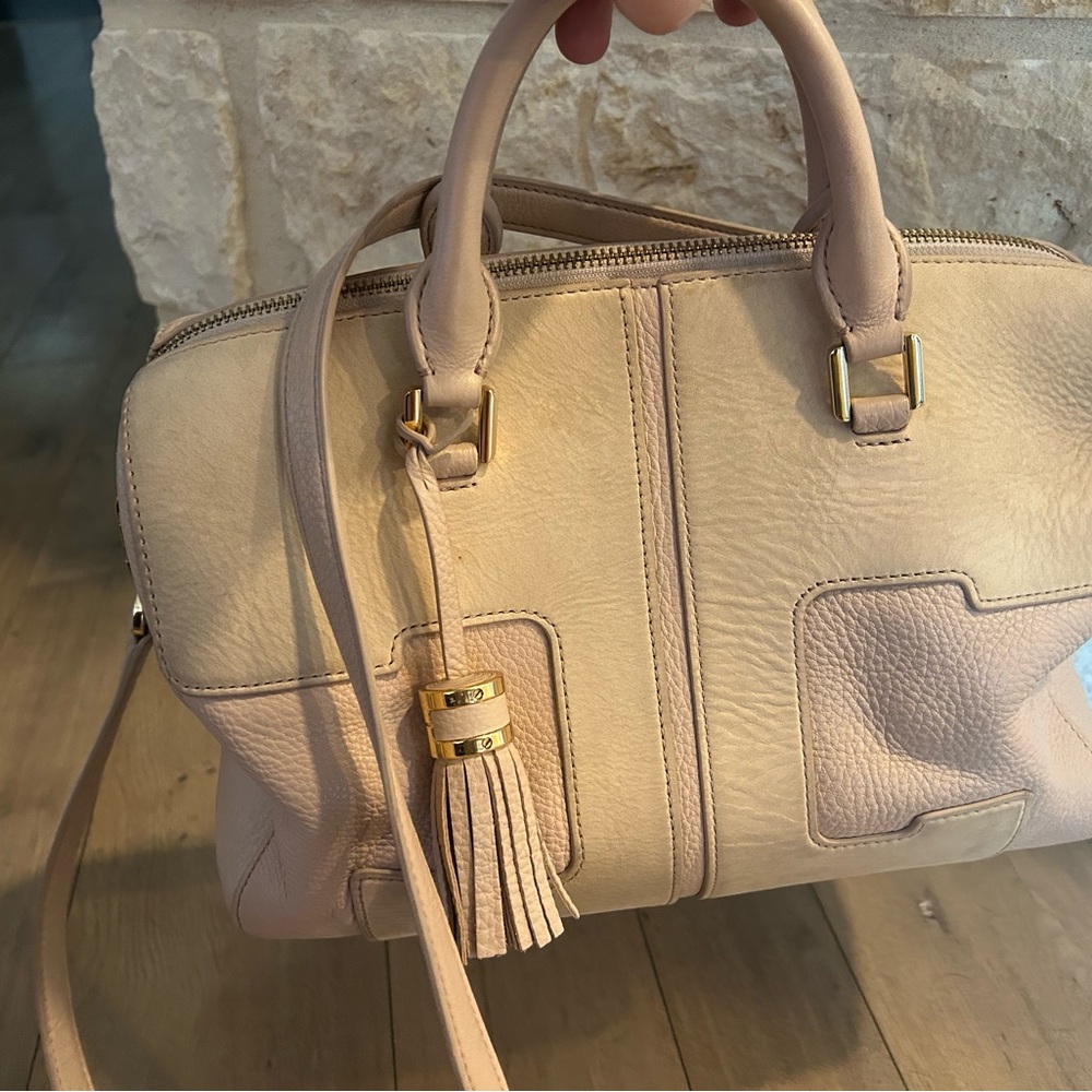 Tory Burch Cream and Blush Leather Bowling Style Handbag